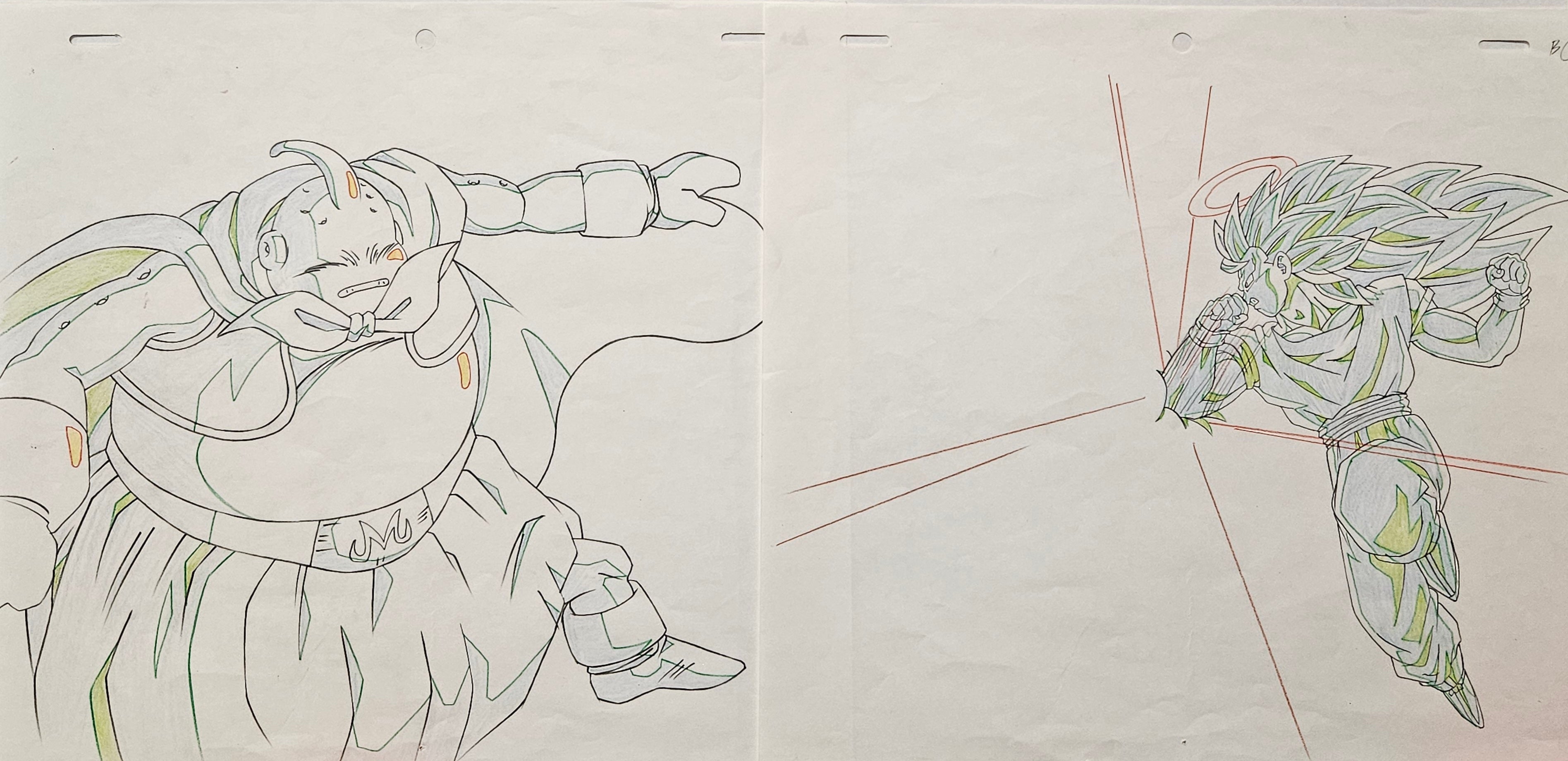 《龙珠》原版赛璐璐胶片与原画草图（魔人布欧 vs. 孙悟空）