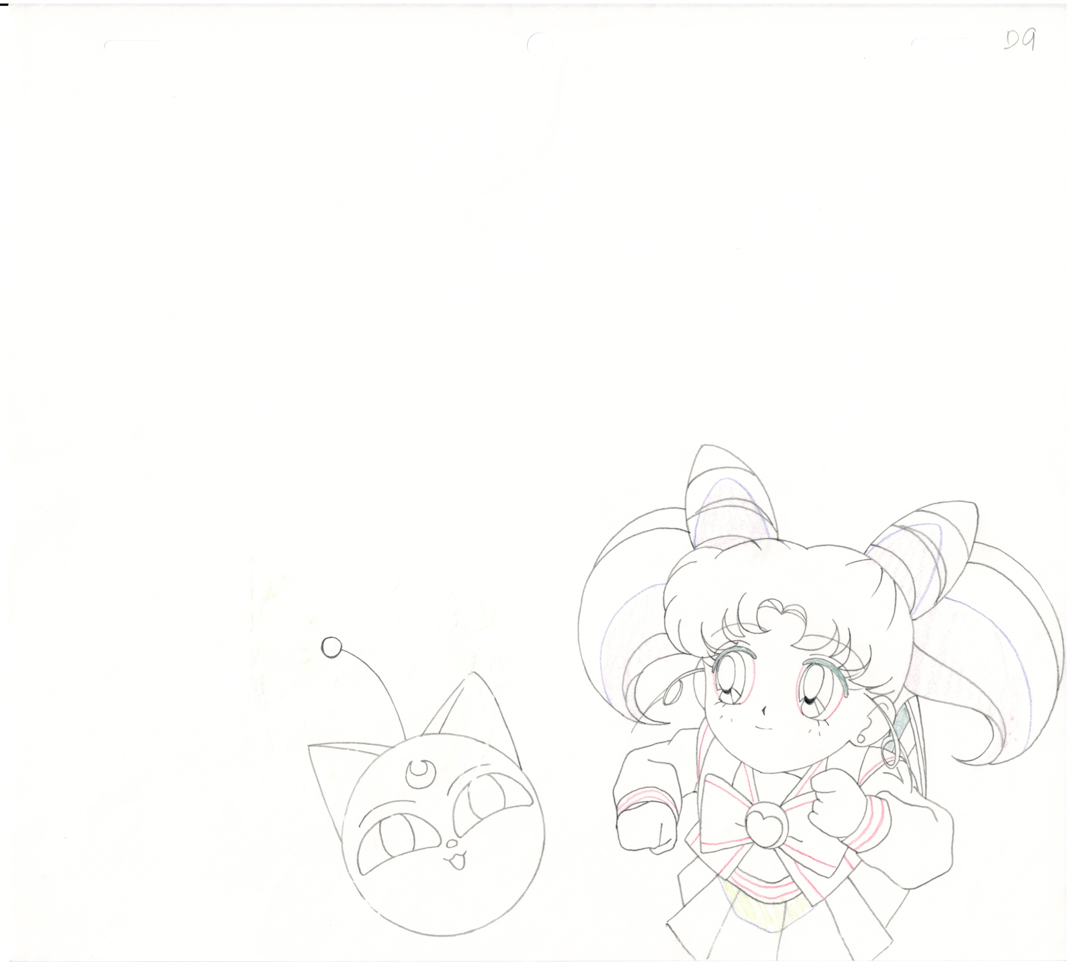 Sailor Moon Original Cel and Sketch (Setsuna, Chibiusa, Luna)