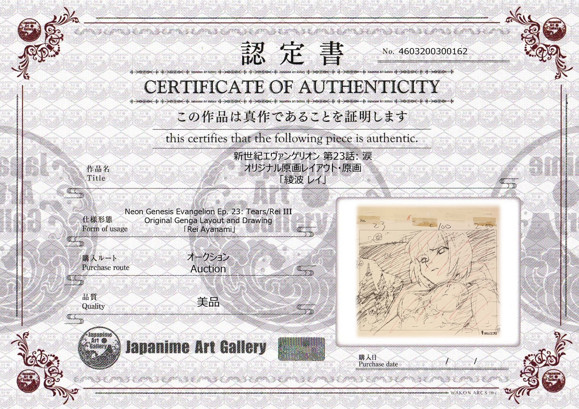 Neon Genesis Evangelion Original Genga Layout and Drawing (Ayanami Rei)