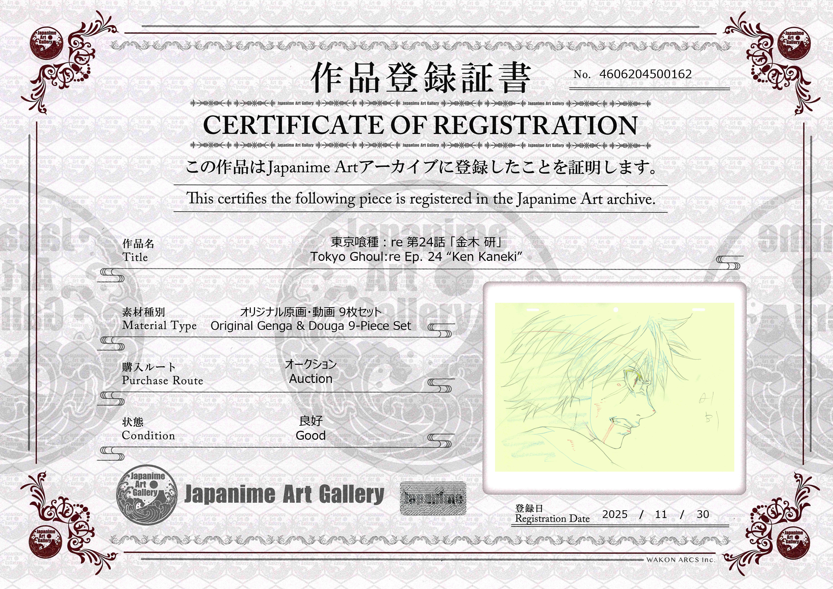Tokyo Ghoul:re Set da 9 pezzi di genga e douga originali (Ken Kaneki)