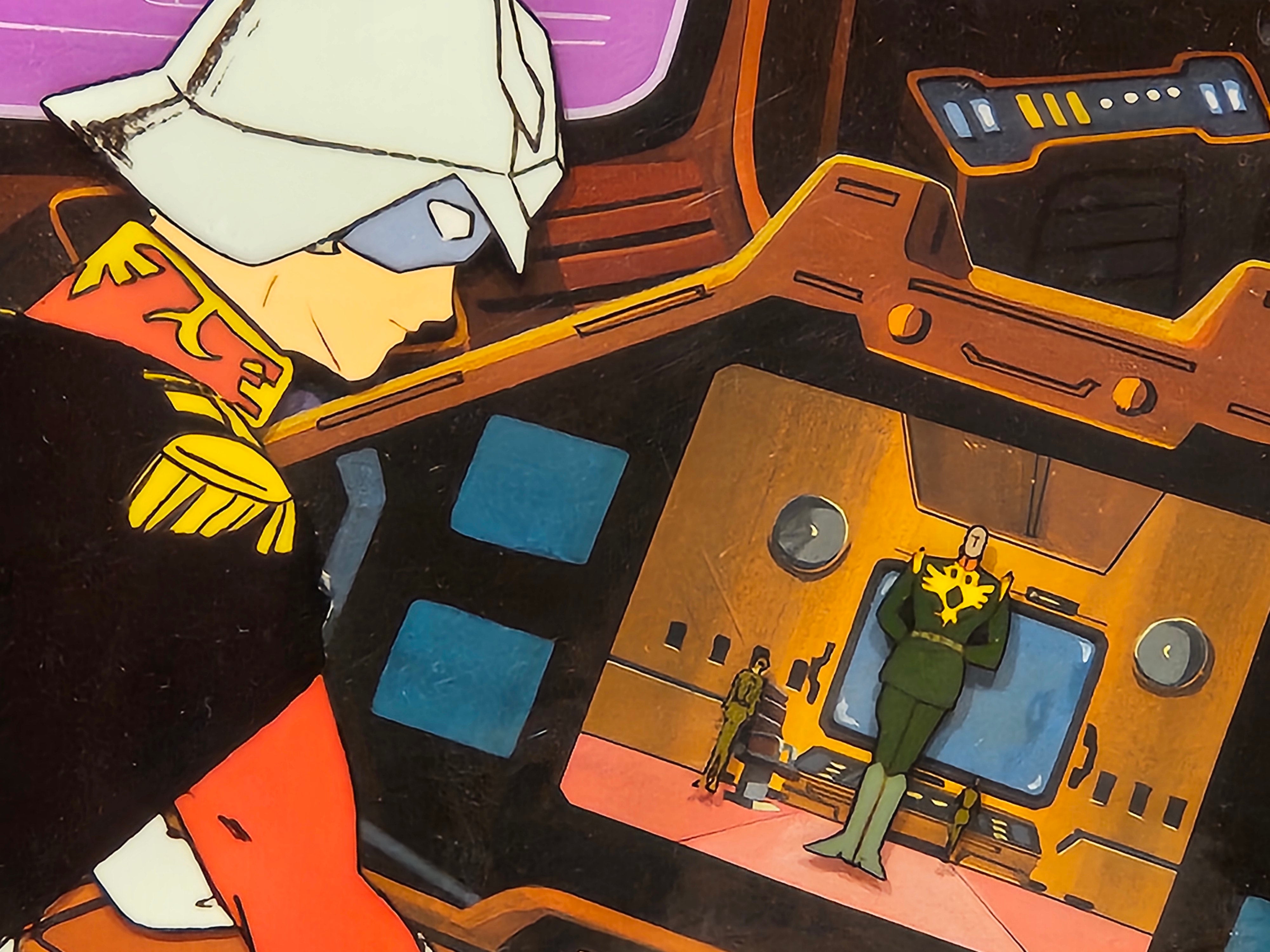 Mobile Suit Gundam Original Cel, 7 Page Drawing, and Background (Char Aznable)
