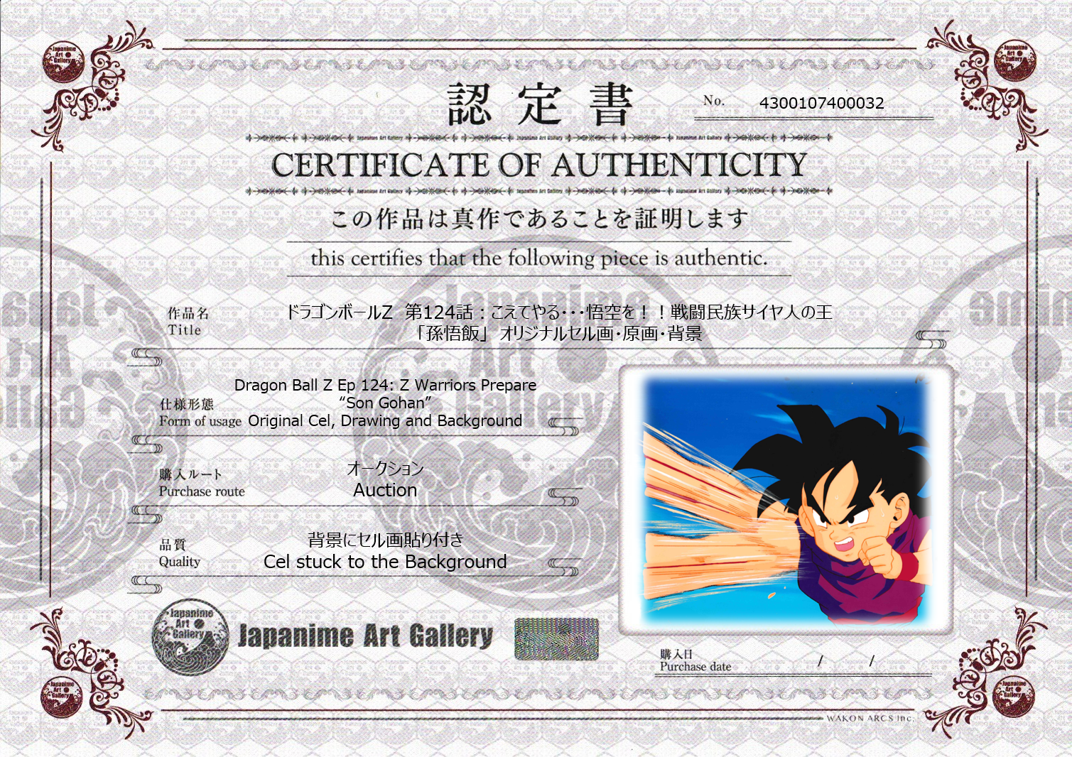 Dragon Ball Z Original Cel, Drawing and Background (Son Gohan)