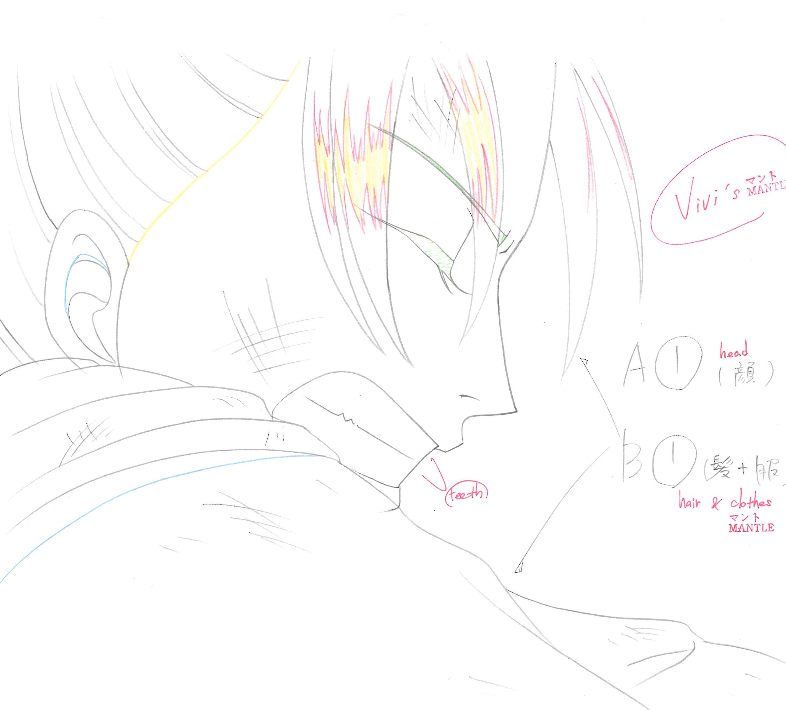 One Piece - genga original, copie de Layout, enveloppe de production et timesheet (Nefertari Vivi), ensemble de 5 pièces