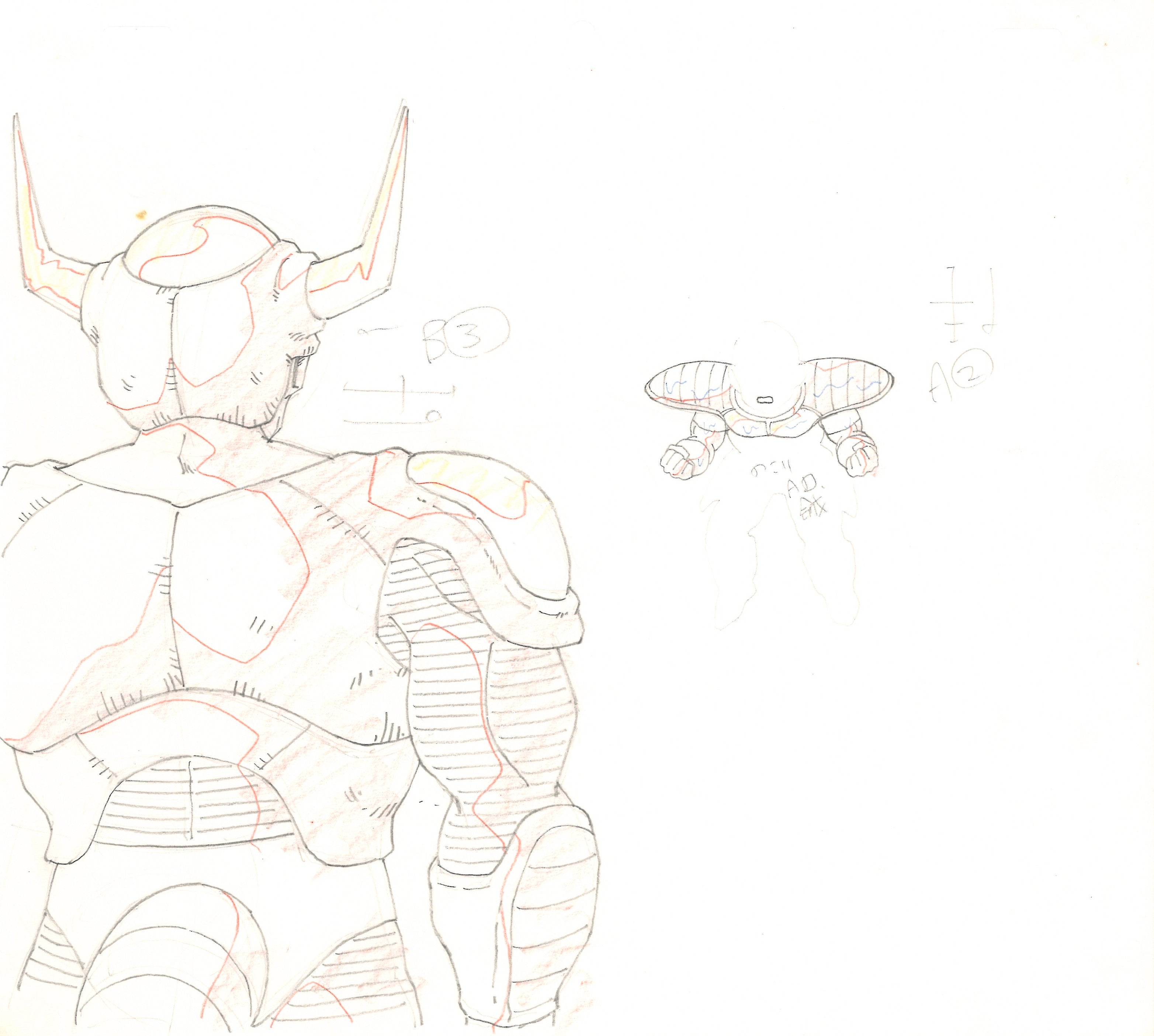 Dragon Ball Z, dibujo original y copia de maquetación (Freezer, Krillin), juego de 2 páginas