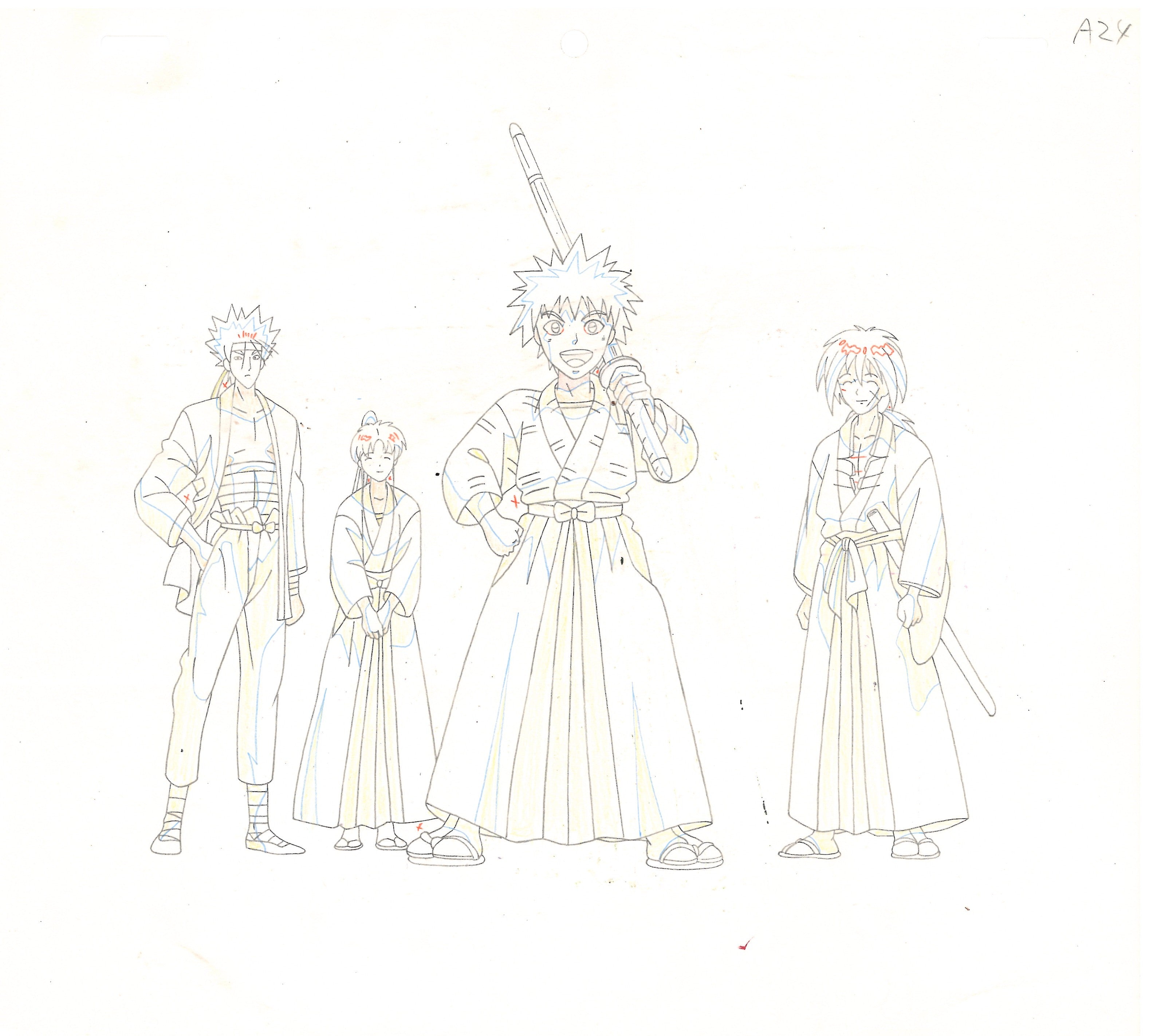 Rurouni Kenshin Original Cel and drawing (Kenshin Himura, Sagara Sanosuke, Kaoru Kamiya, Myojin Yahiko)
