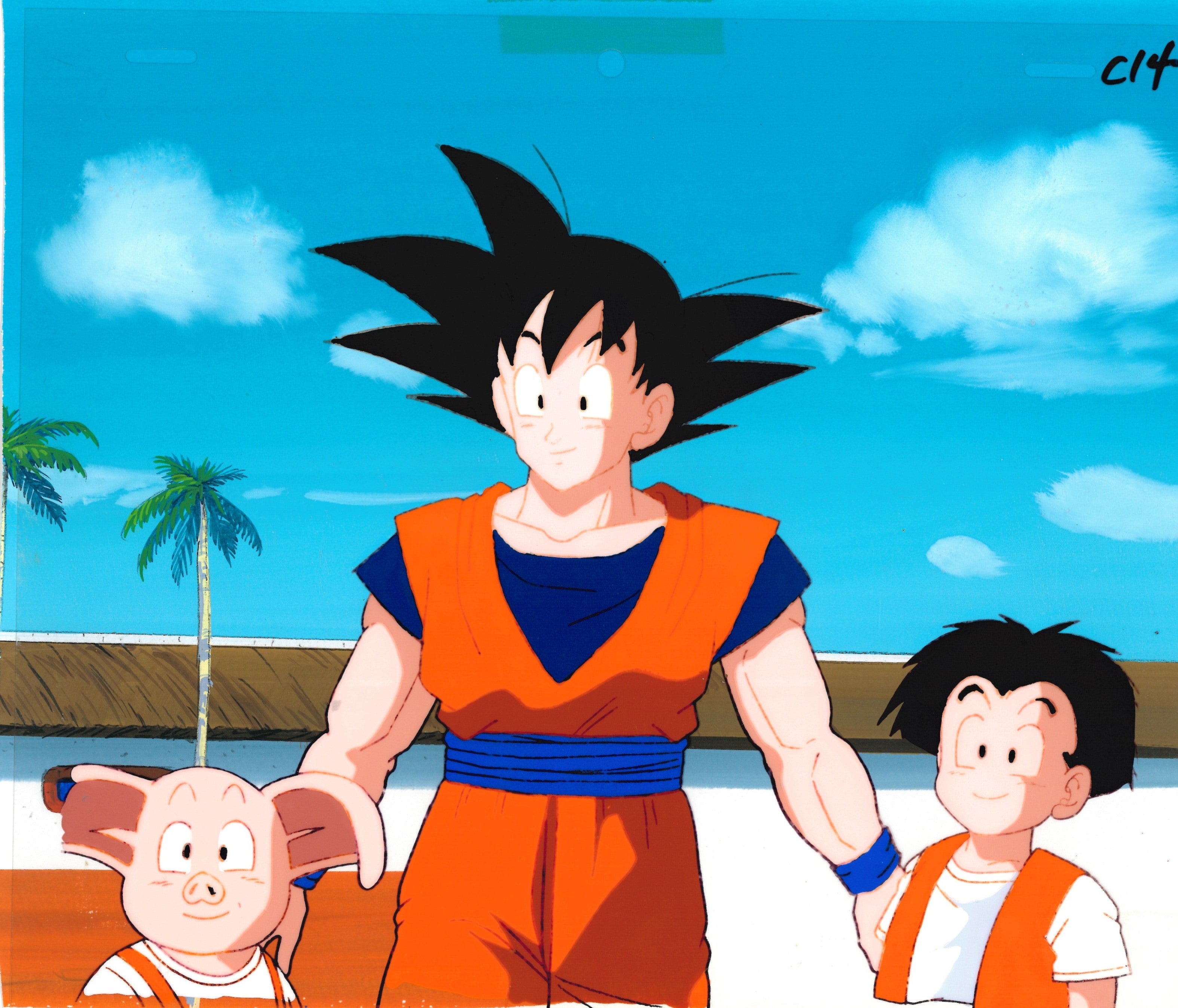 Dragon Ball Z Original Cel, Drawing and Background (Son Goku, Krillin, Oolong)